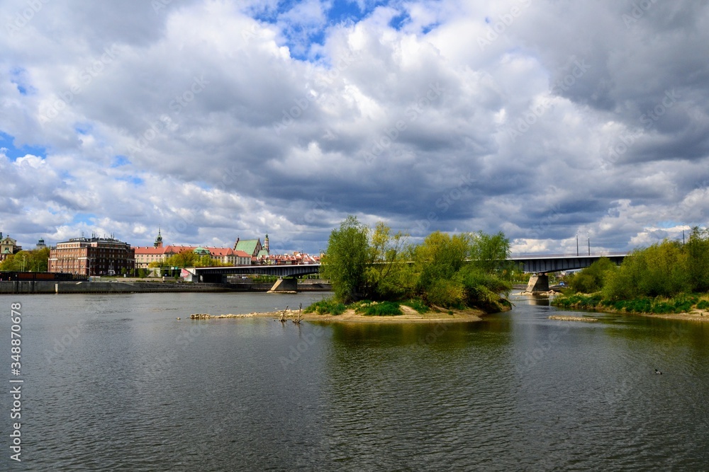 Fototapeta premium Vistula river in Warsaw, Poland. Low water level in the Vistula river. Landscape of the Vistula wild river bank. Drought issue.