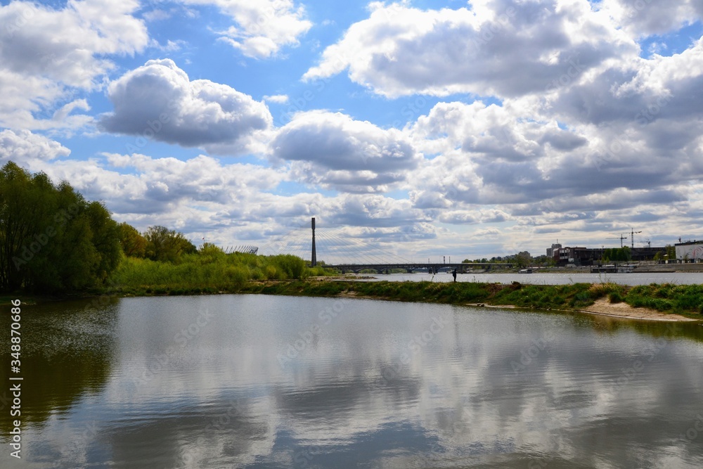 Vistula river in Warsaw, Poland. Low water level in the Vistula river. Landscape of the Vistula wild river bank. 