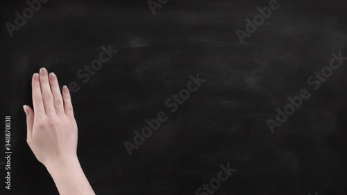 Ads background. Woman hand erasing copy space on blackboard. Set of 2 cleaning gestures.