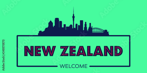 New Zealand skyline silhouette flat design typographic vector illustration.