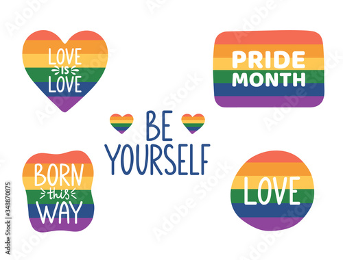 Be yourself hand lettering. Pride month hand drawn icon. LGBTQ stickers set. Tolerance day card. Pride flag. Born this way. Gay parade symbols. Vector illustration