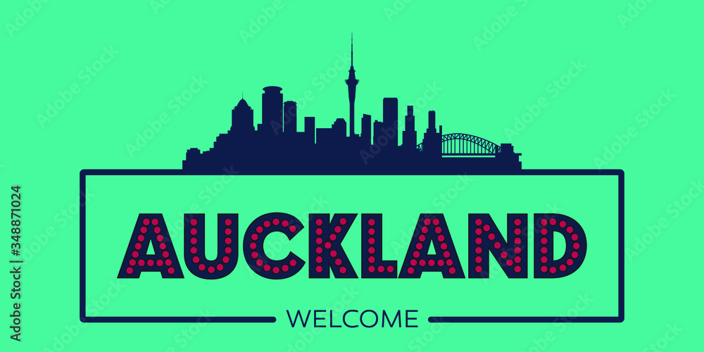 Auckland skyline silhouette flat design typographic vector illustration.