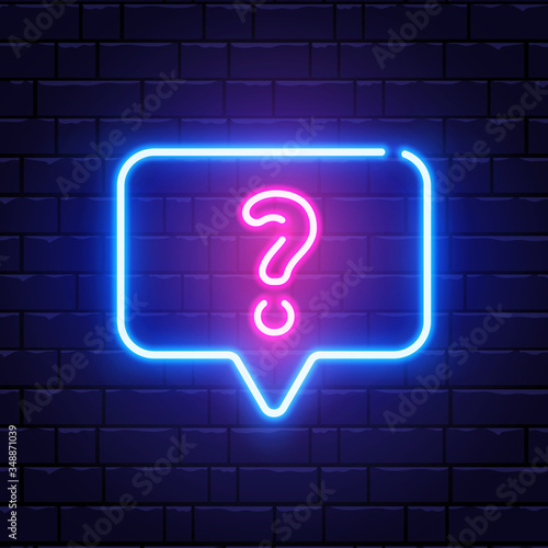 Neon glowing question mark. Quiz neon banner. Color neon frame on brick wall. Realistic bright night signboard. Shining neon speech bubble. Vector illustration