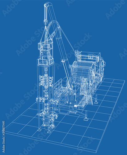 Oilfield coiled tubing equipment. Coiled tubing reel on a trailer. The layers of visible and invisible lines are separated.