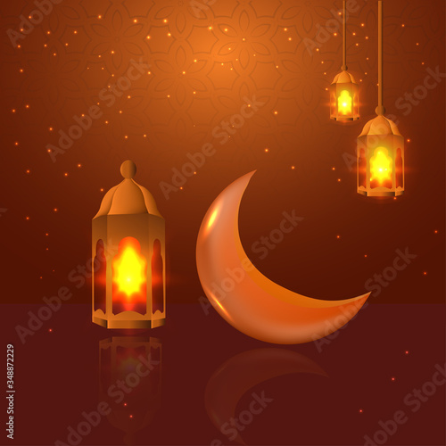 Idul Fitri greeting cards with lantern and crescent elements and sparkling lights