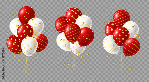 Set of red and white balloons bunches with golden confetti on transparent background