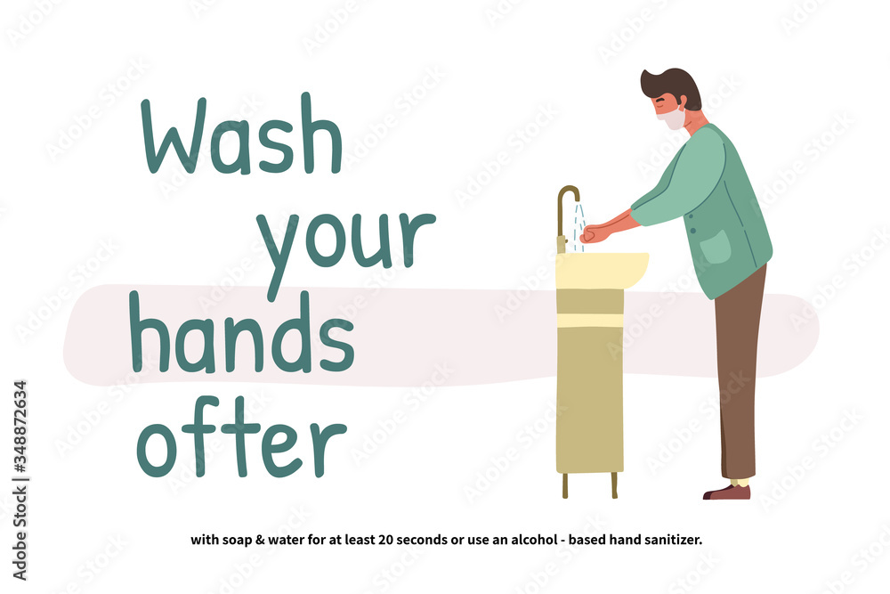 Man washing hands. Perspective young boy standing at the wash basin. Clean hands. Daily Personal Care. Covid-19 prevention. Vector illustration in flat cartoon style. Man washing hands. Perspective young boy standing at the wash basin. Clean hands. Daily Personal Care. Covid-19 prevention. Vector illustration in flat cartoon style.