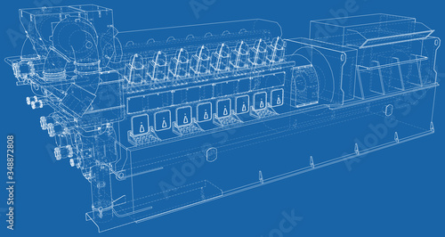 Generator. Diesel and gas industrial electric generator. The layers of visible and invisible lines are separated. Wire-frame outline.