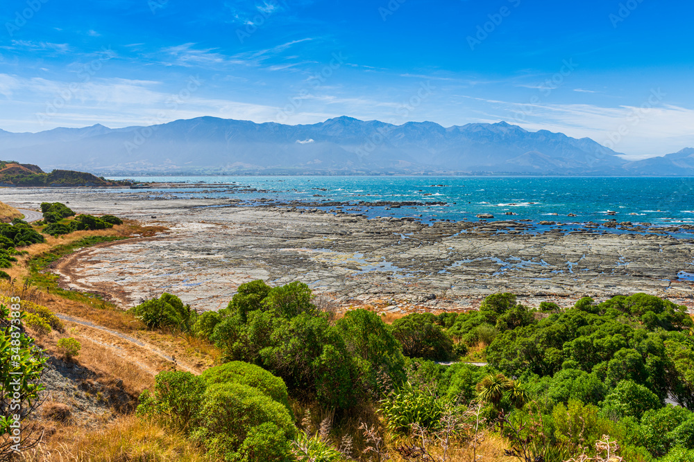 View of the coastline and rocks where the Fur Seals congragate in Kaikoura, New Zealand  