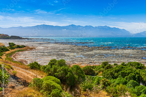 View of the coastline and rocks where the Fur Seals congragate in Kaikoura, New Zealand 