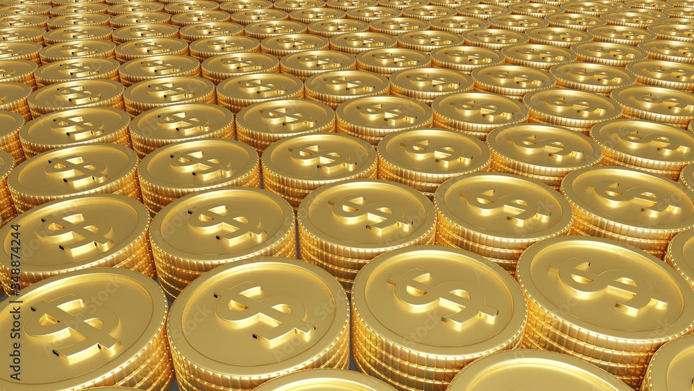 3D Rendering. Pile of Shining gold coins. Income and profits. Concept of monetary collection or strategy of profit or benefit making in business. Financial growth with golden coin dollar. 3D Rendering. Pile of Shining gold coins. Income and profits. Concept of monetary collection or strategy of profit or benefit making in business. Financial growth with golden coin dollar.