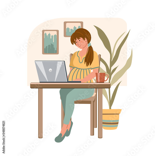 Cartoon pregnant woman with laptop working from home. Happy pregnancy. Girl sitting in modern interior. Home office concept. People who study or work at home. Vector illustration in flat style.