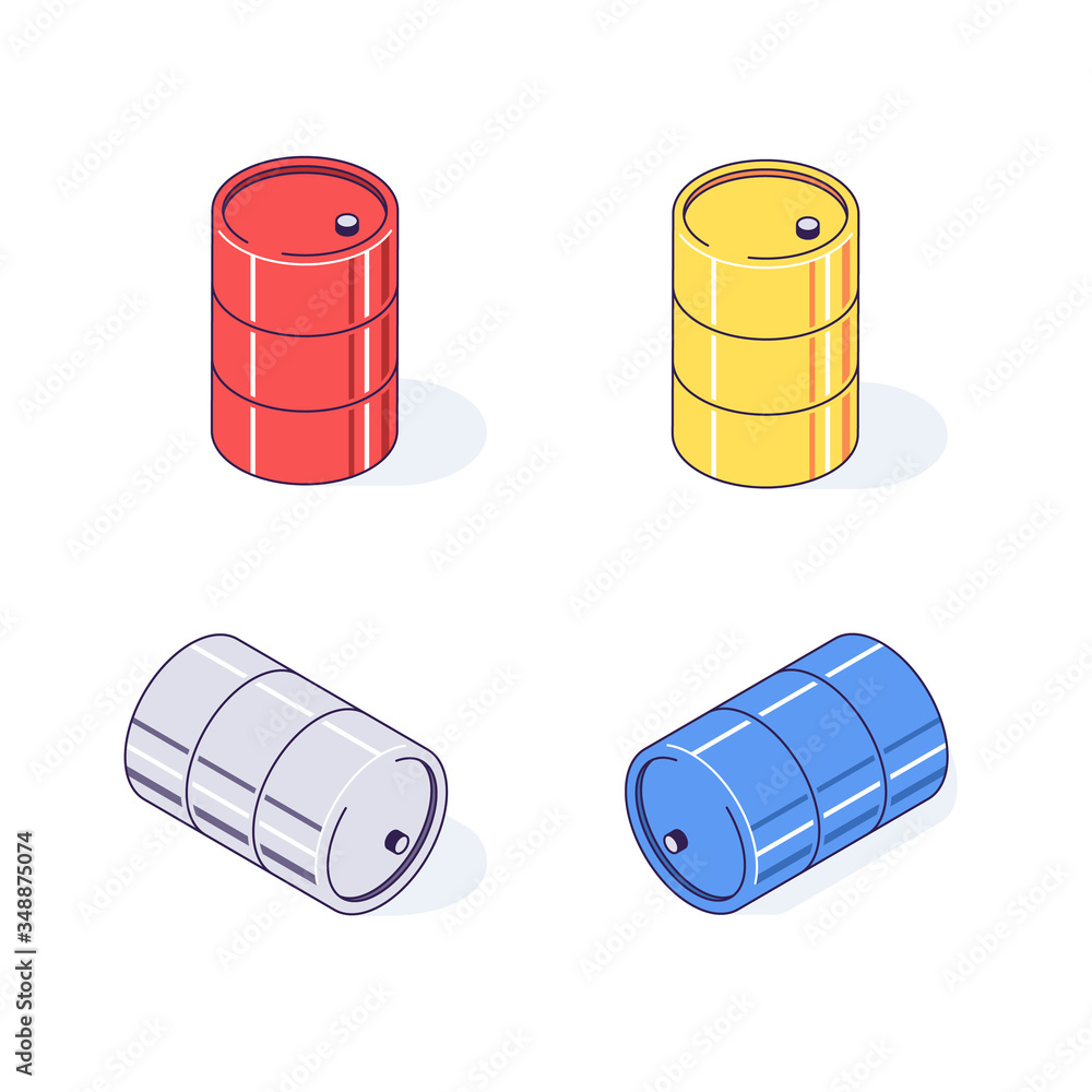 Isometric barrels red yellow gray and blue. Flat cargo goods fuel benzin petrol gas and combustible vector illustration Isometric barrels red yellow gray and blue. Flat cargo goods fuel benzin petrol gas and combustible vector illustration