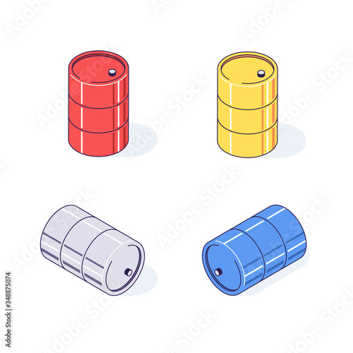 Isometric barrels red yellow gray and blue. Flat cargo goods fuel benzin petrol gas and combustible vector illustration