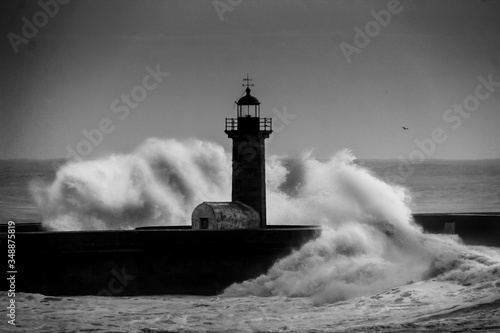 Entry of Douro River harbor on big stormy waves