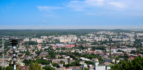 Aerial panoramic view of a European city under a blue sky