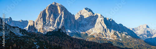 Italian Dolomites mountain peaceful sunny evening view from Giau Pass. Picturesque climate, environment and travel concept scene.