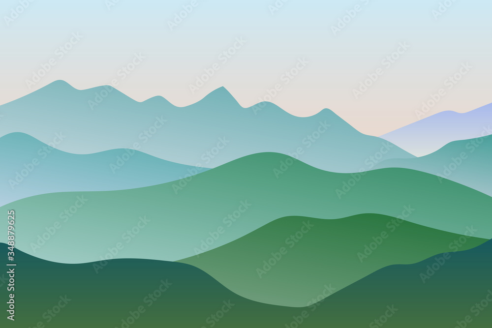 Flat landscape with green mountain peaks & sunrise gradient sky. Peaceful vacation & outdoor Banner. Recreation & meditation texture concept. Serenity Vector illustration background.