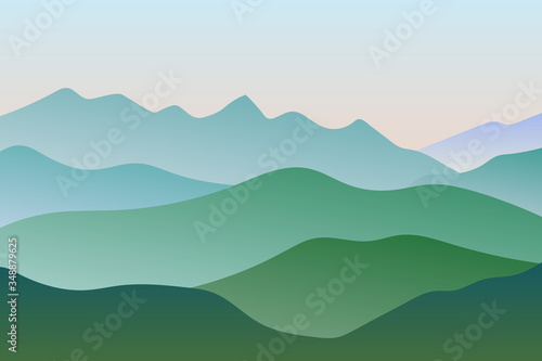 Flat landscape with green mountain peaks & sunrise gradient sky. Peaceful vacation & outdoor Banner. Recreation & meditation texture concept. Serenity Vector illustration background.