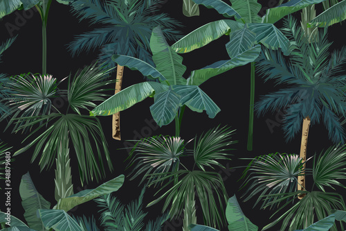 Fototapeta Naklejka Na Ścianę i Meble -  Summer seamless pattern with tropical palm trees. Jungle fashion print. Hawaiian background. Vector illustration