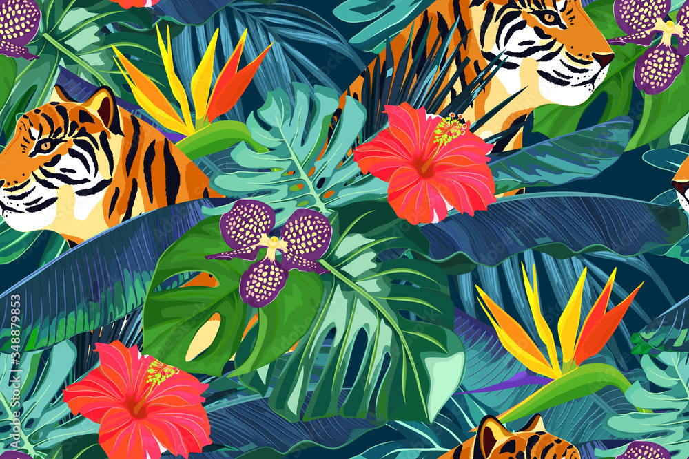 Summer seamless pattern with tropical palm leaves, flowers and tiger. Jungle fashion print. Hawaiian background. Vector illustration