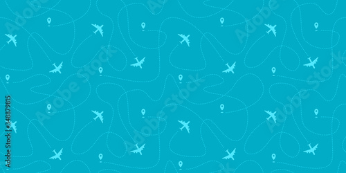 Seamless horizontal border with plane paths  start points and dashed routes. Blue travel background. Vector illustration.