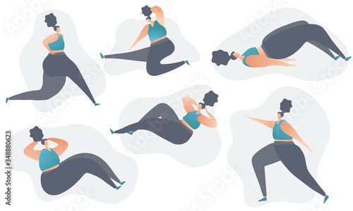 Woman exercising design set. Lady in different positions doing workout. Flat design charater set. 
