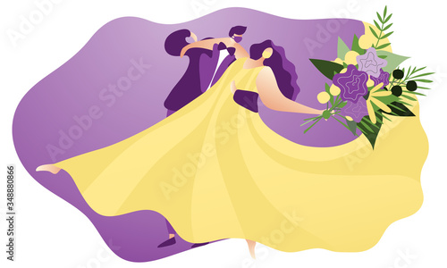 Couple getting married in masks during coronavirus epidemic. Groom and bride wedding photography. Covid-19 pandemic time. Flat vector illustration.
