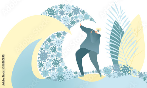 Man in mask protecting himself from coronavirus wave. Covid-19 danger of another wave in today's world. Stay safe, be smart. Vector flat concept
