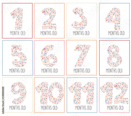 First year baby sticker set with star numbers. Cute baby shower elements design. Milestone cards. Flat design. 
