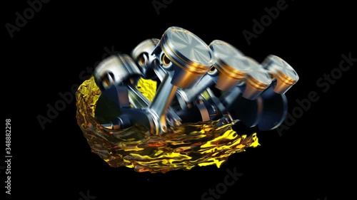 3d footage with car engine working. Concept of motor with oil splash