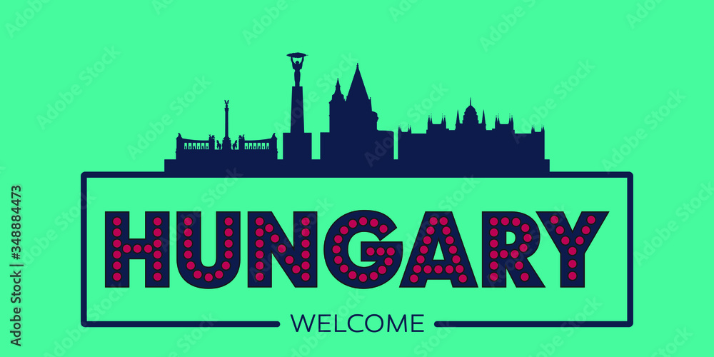 Fototapeta Węgry panoramę sylwetka Płaska konstrukcja ilustracji wektorowych typograficznych.