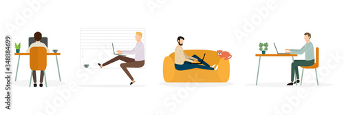 Working at home set, coworking space vector illustration. People self employed at home in quarantine. Freelancers working on laptops and computers at convenient workplace.