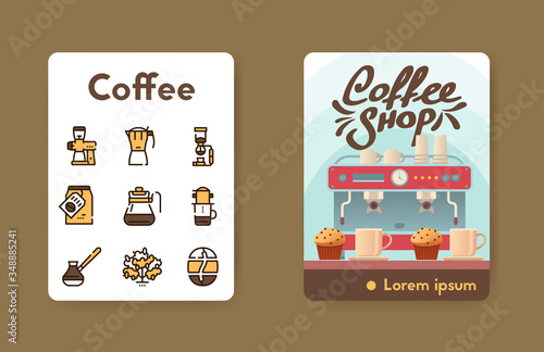 Vector banner coffee shop and linear icons set