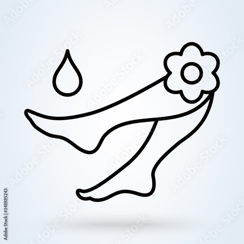 Pedicure spa female feet in spa bowl with water flowers. Vector illustration