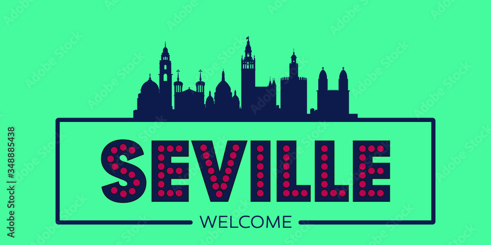 Seville skyline silhouette flat design typographic vector illustration.