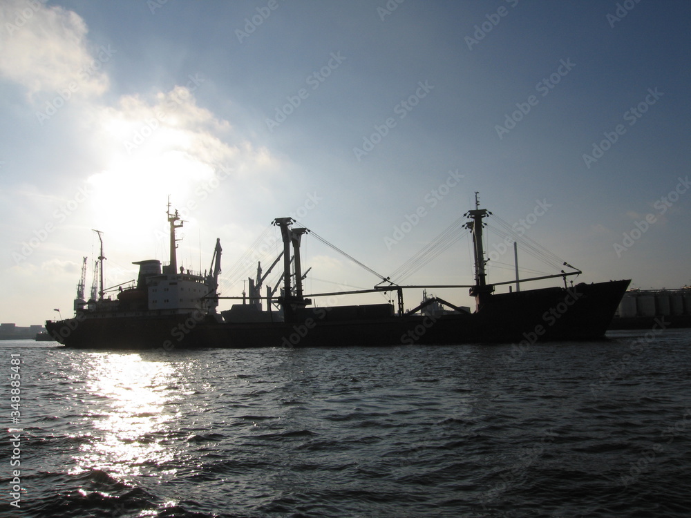 Fototapeta premium Frachtschiff im Hamburger Hafen mit Sonne