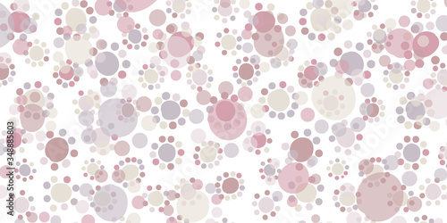 Small circles around large circles - cute doodle background. Uneven, crooked circles like a flowers or childish pattern. Calm muted colors - pink, gray, yellow. For clothes, textile, gift wrap.