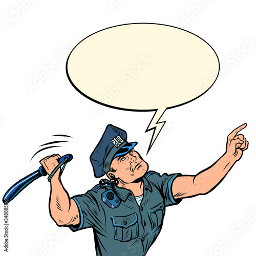 The policeman hits with a baton