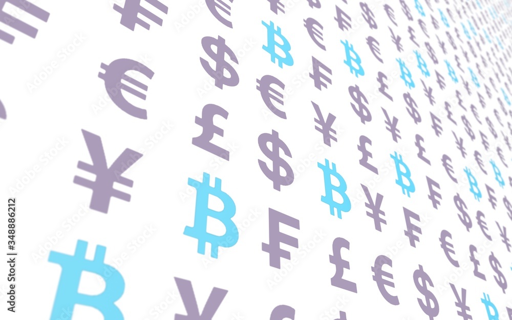 Bitcoin and currency on a white background. Digital crypto currency symbol. Business concept. Market Display. 3D illustration Bitcoin and currency on a white background. Digital crypto currency symbol. Business concept. Market Display. 3D illustration