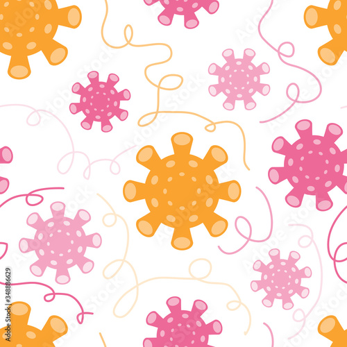 Different kinds of virus infection and bacteria seamless pattern. Medical background with coronavirus. Biology organisms. Genetics bacteriological microorganism. Flat vector illustration.