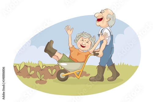 Elderly gardeners. Grandfather rides grandmother on a wheelbarrow, vector illustration.	