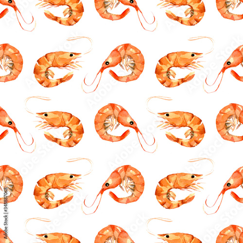 Seamless pattern of watercolor shrimp on white background.