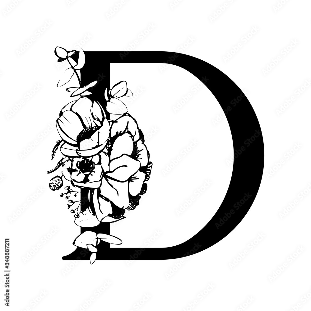 Vector flower alphabet. Floral design of letter D. Decoration of wedding invitations, cards, business cards of florists. Large delicate flowers in a line style Vector flower alphabet. Floral design of letter D. Decoration of wedding invitations, cards, business cards of florists. Large delicate flowers in a line style