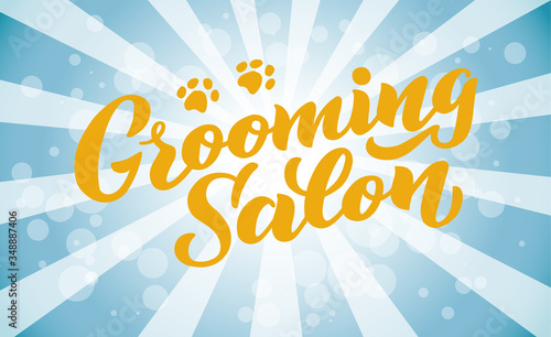 Grooming salon lettering for your business. Logo for dog hair salon, dog styling and grooming shop, store for pets. Hand draw illustration RGB