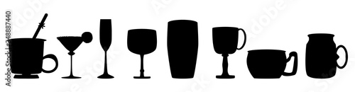 Set of black silhouettes alcohol glasses and cups for different drinks isolated on white background. For cocktail bar, restaurant banner, party poster, sale advertising, infographic. Stock vector