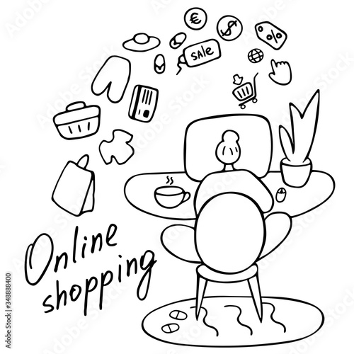 Online Shopping Concept. Young woman buys over the internet. Vector hand drawn illustration