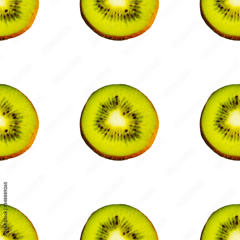 Fototapeta premium Seamless endless pattern of juicy green slices of kiwi fruit isolated on white background. Design for wrapping paper, fabric and wallpaper.