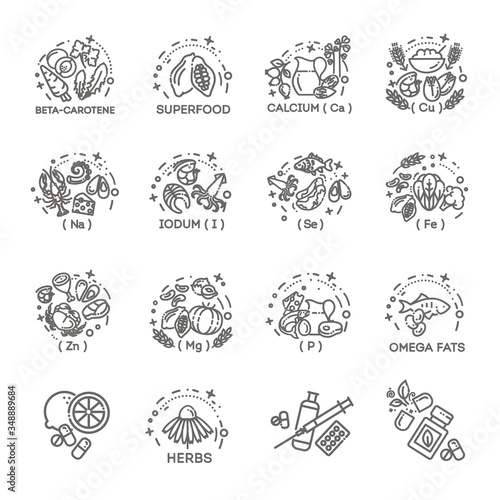 Groups of healthy fruit, vegetables, meat, fish and dairy products containing specific microelements