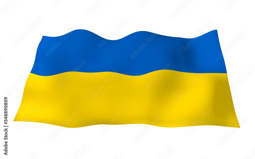 The flag of Ukraine on a white background. National flag and state ensign. Blue and yellow bicolour. 3D illustration waving flag The flag of Ukraine on a white background. National flag and state ensign. Blue and yellow bicolour. 3D illustration waving flag